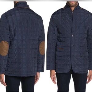 Tailorbyrd Dark Blue Quilted Jacket with Tan Patches